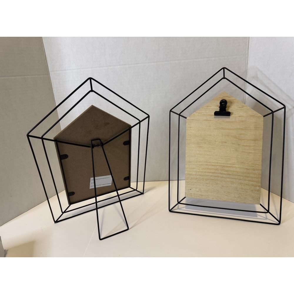 Set of 2 House-Shaped Freestanding Photo Frames Black Metal & Natural Wood - Picture 2 of 6